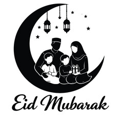 Eid mubarak greeting with a family on a crescent moon © Noyon