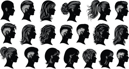 men and women hairstyle silhouettes collection, diverse head profile portraits with modern haircuts, black vector people profiles isolated © MstLaila