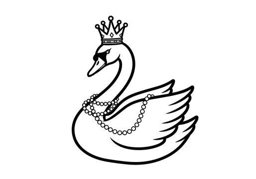 Elegant Swan Queen with Crown and Pearls Line Art.