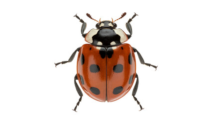 A vibrant ladybug with distinctive black spots on a black background