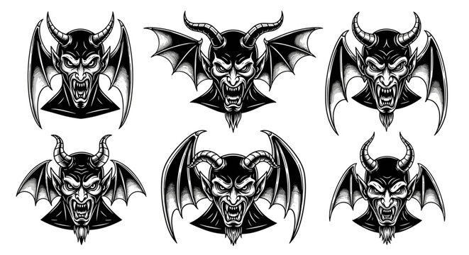 Set of six menacing horned demon heads with bat wings.
