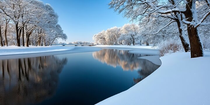 Tranquil Winter Landscape Frosty Waterways Reflecting Snow-Laden Trees in a Stunning Icy Wonderland