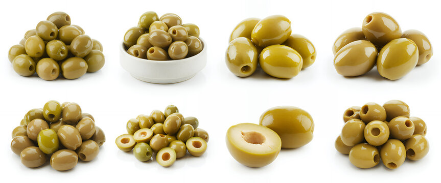 Green and brown olives in piles and a bowl on white background
