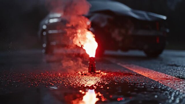 Red emergency flare igniting on wet asphalt road at night. Sparks and flames burst from the device burning steadily. Roadside safety signal reflecting in rainy pavement near parked car.