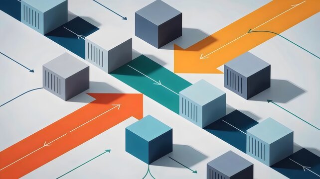 Supply chain diagram with arrows and storage units &ndash; Ideal for logistics presentations, business strategy, or distribution network content.