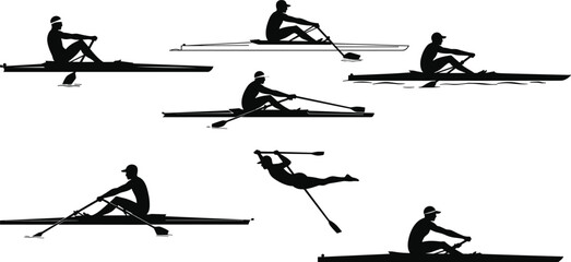 Set of Rowing and Kayaking Silhouettes, Vector Illustrations of Athletes in Boats with Oars, for Sports, Competition, and Water Activities © Creative Rejia