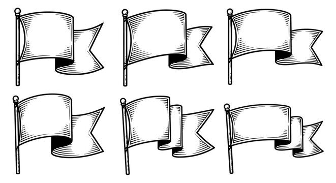 Set of six hand-drawn vintage blank flags on poles, ready for custom text or design.