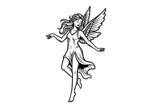 Graceful Angelic Figure with Flowing Hair and Wings.