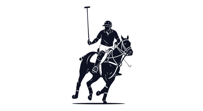 Silhouette of a polo player riding a horse at high speed while swinging a mallet during a competitive sporting match.