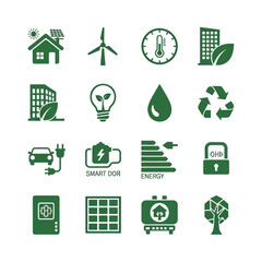 Green energy icons: solar power, wind turbine, smart home, eco-friendly city, electric car, light bulb, water drop, recycling, collection of green energy and sustainability icons in a flat design © Moumita