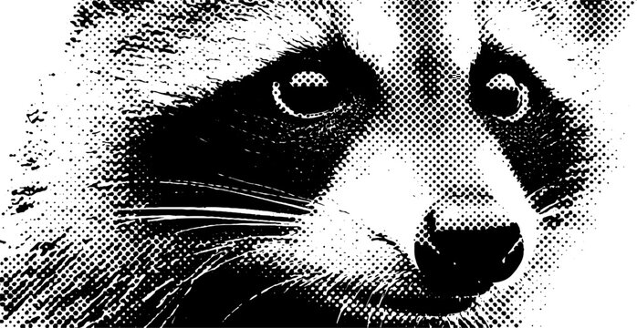 Raccoon masked face in black and white halftone style for vintage design projects