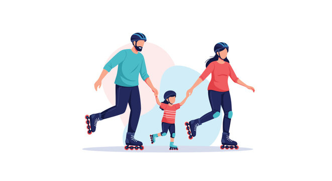 Happy active family of three rollerblading together on a path while holding hands and wearing protective safety gear.