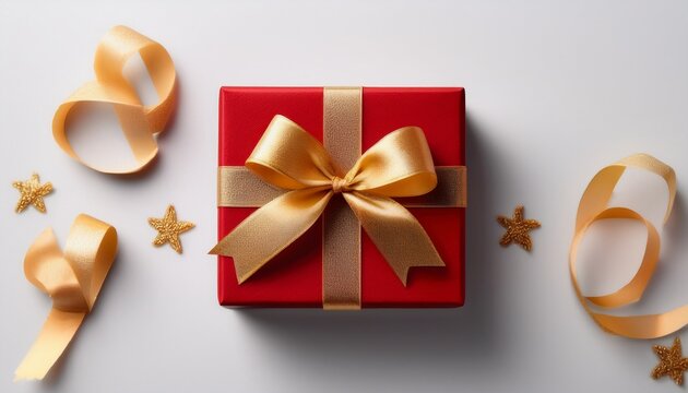 red gift box with gold ribbon and bow on white background top view flat ley