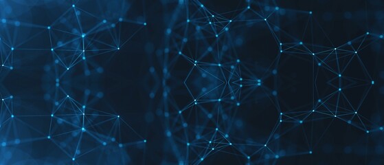 Abstract vector graphic illustration depicting a complex interconnected network structure with glowing blue digital nodes on a dark background © Arslan