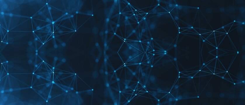 Abstract vector graphic illustration depicting a complex interconnected network structure with glowing blue digital nodes on a dark background