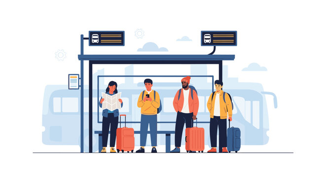 Group of travelers with suitcases waiting at a modern bus stop shelter while looking at maps and mobile phones for info.