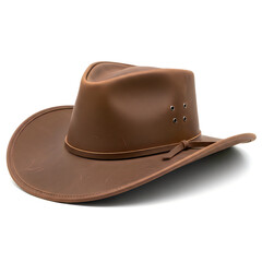 A brown leather cowboy hat with a wide brim and decorative stitching