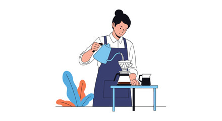 Fototapeta premium Skilled female barista in a dark apron is carefully pouring hot water to prepare a fresh cup of specialty pour-over coffee.