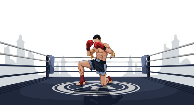 Powerful Muay Thai fighter wearing red gloves is kneeling in a traditional pose in the middle of a boxing ring for a match.