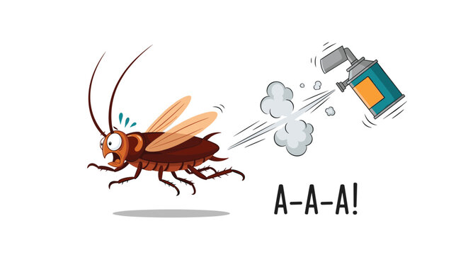 Humorous cartoon cockroach with an expressive face runs away in fear from a blue and orange can of insecticide spray.