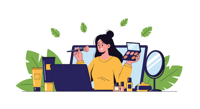 Influencer girl records a makeup tutorial video using her laptop while surrounded by various cosmetic products and a ring mirror.