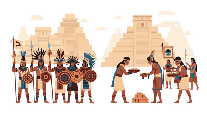 Ancient Mayan or Aztec people in traditional feathered headdresses and attire offer gifts in front of impressive stone pyramids.