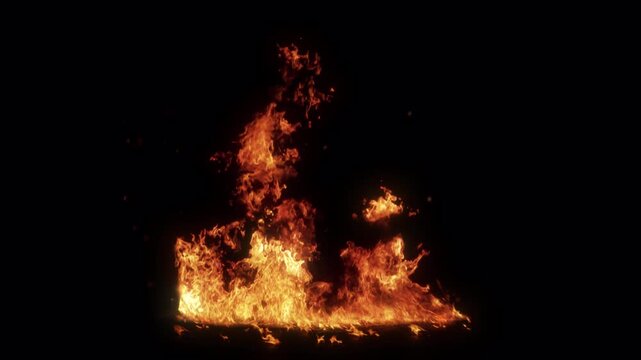 Intense fire burning brightly against a dark background, dynamic flames dancing upwards.