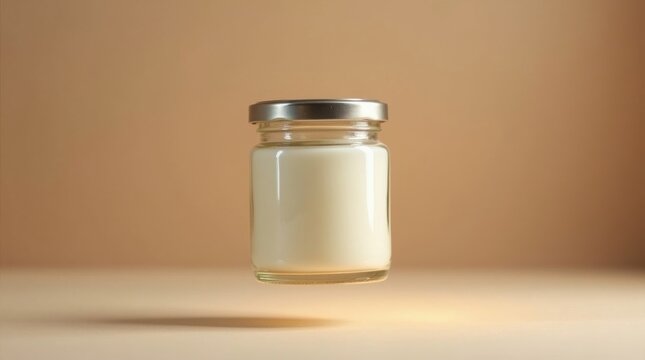 Vela de cera de soja hecha a mano en frasco de vidrio flotando en el aire