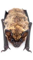 Obraz premium A close-up, frontal portrait of a bat against a stark white background. Its fur is a mix of browns and tans, with leathery wings extended