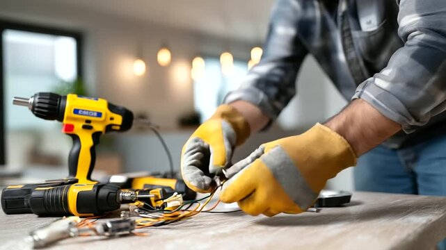 Electrician's gloved hands connecting live wires to socket safely, tools scattered on work surface, close-up view highlighting careful installation, faceless hands wiring,