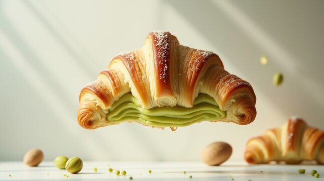 Croissant de pistacho con capas de color marr&oacute;n dorado y un suave tono verde flotando en el aire