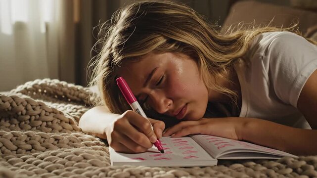Teenage girl lying on bed writing in journal with pink pen. Focused expression shifts to relaxed then sleepy. Home journaling for personal reflection and creative thoughts concept.