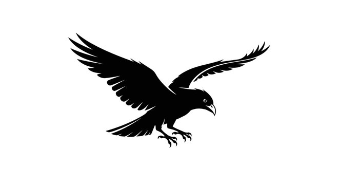 Dynamic black raven or crow silhouette in flight with spread wings. Isolated vector illustration on white background.