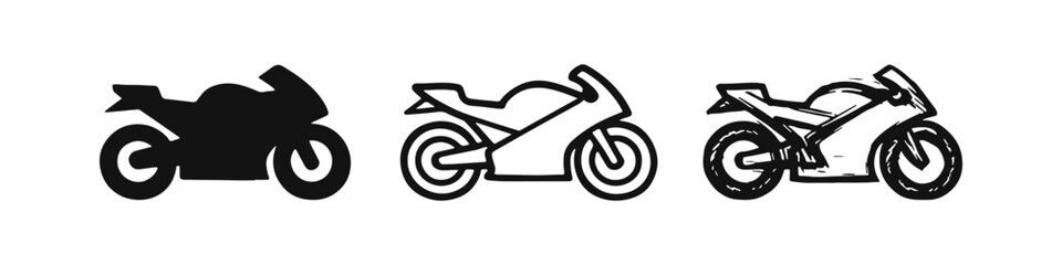 Sport Motorcycle Icon Collection in Solid, Outline, and Hand-Drawn Styles © drawing lines