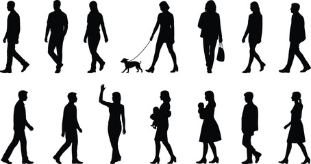 Silhouettes of diverse, everyday people walking, including men, women with a baby or a dog, and greeting gestures, for architectural © Creative Rejia