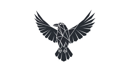 Obraz premium Geometric black raven or crow flying with spread wings. Modern polygonal abstract bird illustration, low poly design element, isolated vector graphic.