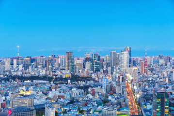 Fototapeta premium Stunning aerial view of Tokyo city skyline at night. Illuminated skyscrapers and urban landmarks under a deep blue twilight sky in Japan's vibrant capital city. Tokyo tower, Tokyo skytree.