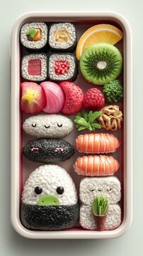 A colorful sushi platter featuring various sushi types and fresh fruits, perfect for food lovers and culinary art.