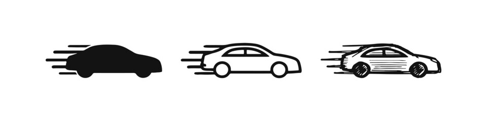 Naklejka premium Fast Moving Car Icon Set with Speed Lines. Speeding Automobile Symbol in Glyph, Outline, and Hand-Drawn Styles.