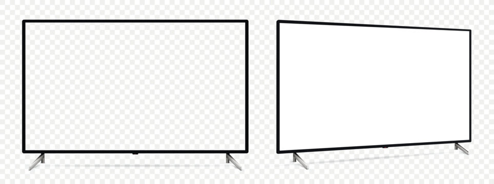 Smart tv mockup. Front and side view with white and empty screen on transparent background.
