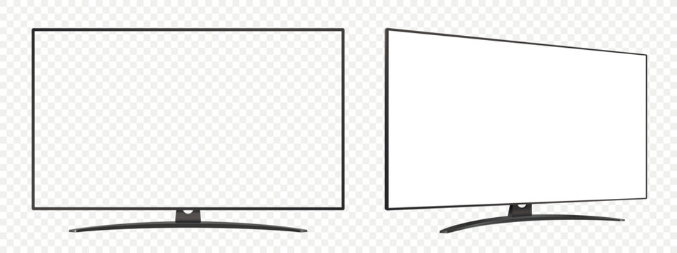 TV flat screen mockup. Front and side view with white and empty screen on transparent background.