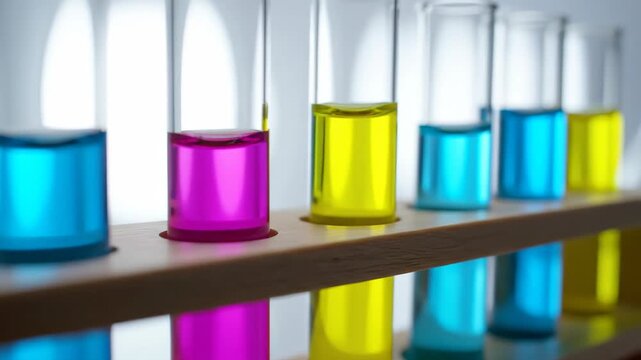 Test tubes holding colorful glowing liquids on wooden rack. Sequence of vibrant chemical solutions in blue pink and yellow under side lighting for science visualization in lab experiments.