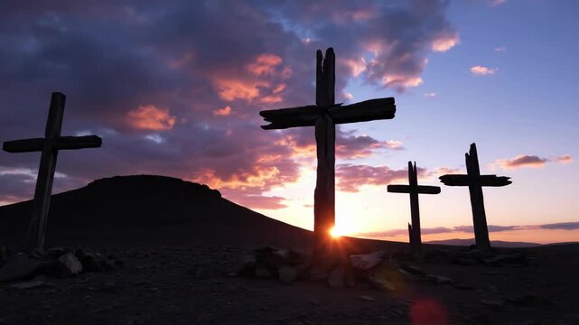 Three wooden crosses stand on arid hill at sunset. Silhouettes against dramatic sky with clouds. Christian religious symbol evoking faith sacrifice resurrection and hope in spiritual landscape
