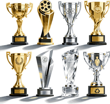 Create a realistic kinds of deferent Top 10 ten award cup symbol 3d render vector art with white background..