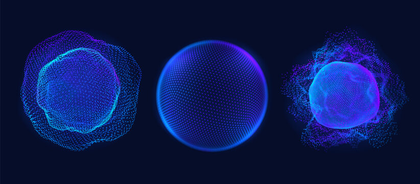 3d abstract sphere orb set from dots. Digital and globe pattern background. Particle hud net for world grid geometric and network vector tech concept. 