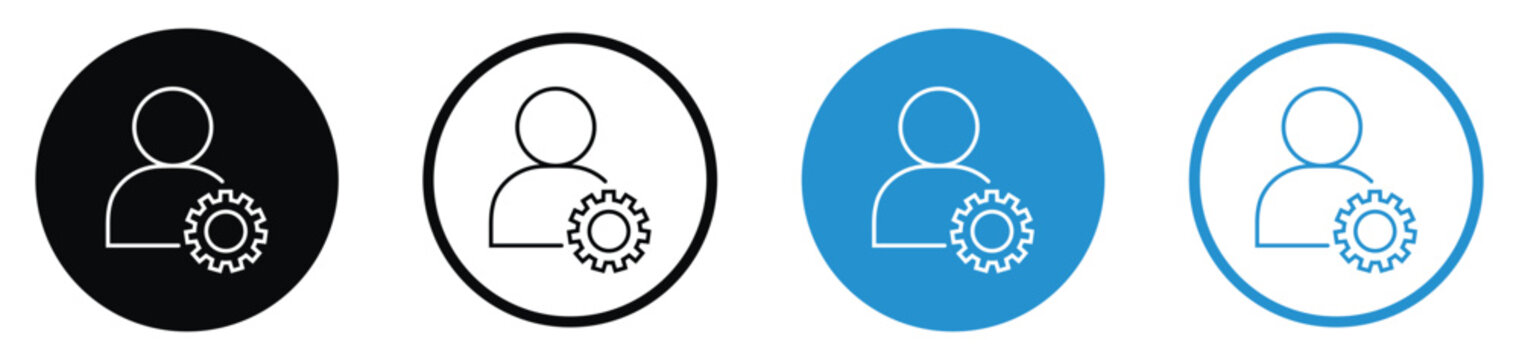 User profile and gear settings icon set. Minimalist design showing a person silhouette with a cogwheel in four style variations. Ideal for account management and system preference UI.