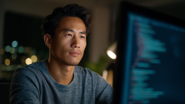 Faceless Asian male programmer working late at night, code and algorithm interface overlaid on screen in a dark office, defocused dark office behind, Asian night coder, algorithm development,