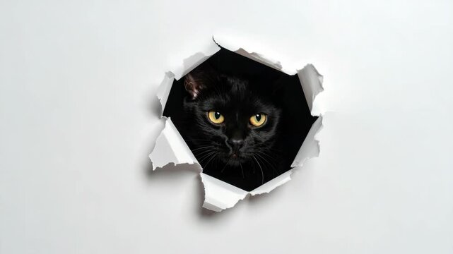Curious black cat with bright yellow eyes peering through a torn hole in white paper surface