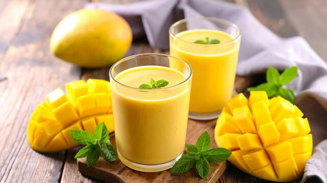 Two glasses of fresh mango smoothie garnished with mint leaves on a rustic wooden table with diced fruit