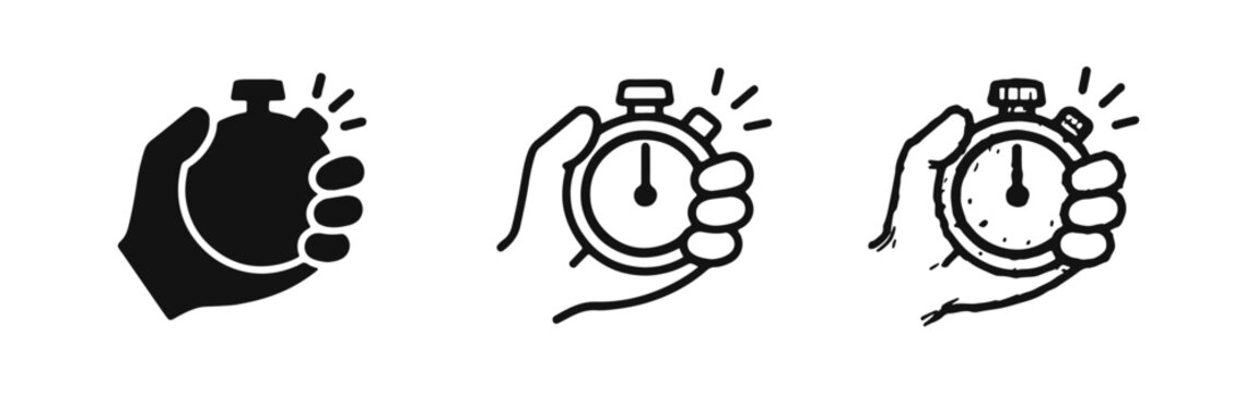 Hand holding stopwatch icon set. Time management, deadline, speed, and countdown symbols in solid, line, and doodle styles.